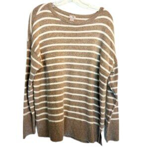 Chico Crewneck Pullover Sweater Striped White Brown Knit Cotton Acrylic Large